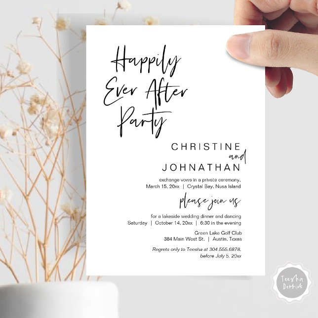 Happily Ever After Party, Wedding Elopement Dinner Invitation (Happily Ever After Party, Wedding Elopement Dinner Invitation Card, in minimalist Black and White.)