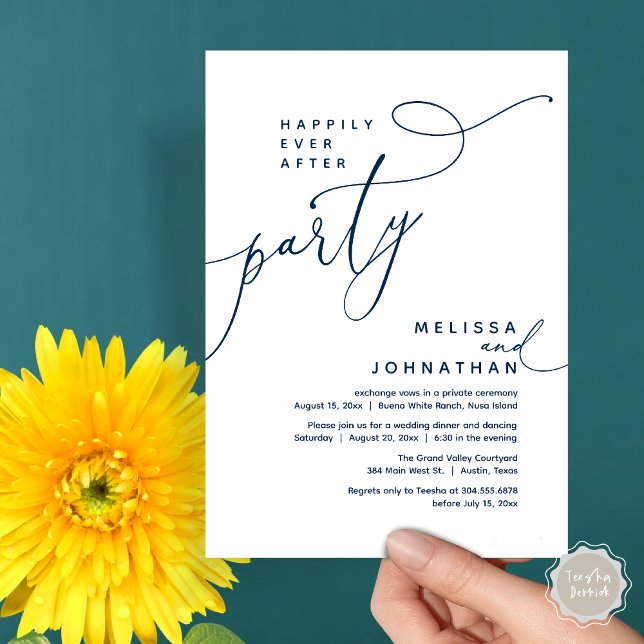 Happily Ever After Party Wedding Elopement Dinner Invitation (Romantic Happily Ever After Party Modern Wedding Elopement Dinner Invitation Card PDF Navy blue)