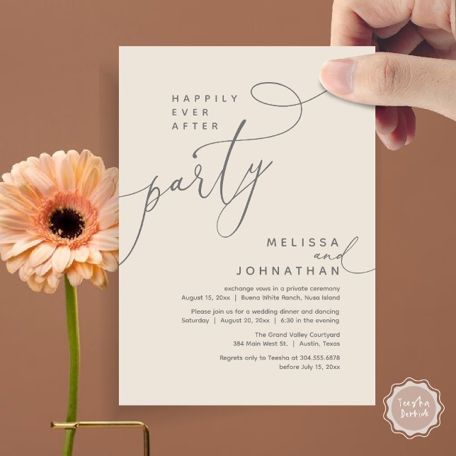 Happily Ever After Party Wedding Elopement Dinner Invitation (Romantic Happily Ever After Party Modern Wedding Elopement Dinner Invitation Card PDF Cream Grey)