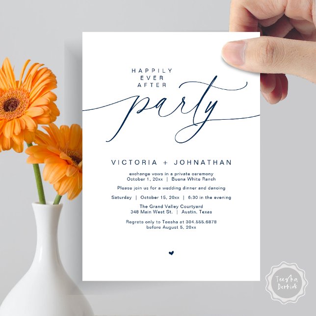 Happily Ever After Party Wedding Elopement Dinner Invitation (Romantic Happily Ever After Party Modern Wedding Elopement Dinner Invitation Card PDF Navy Blue)