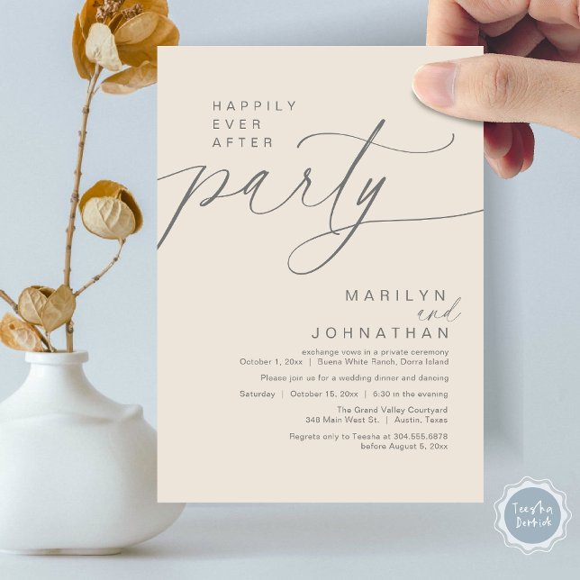 Happily Ever After Party Wedding Elopement Dinner Invitation (Happily Ever After Party Wedding Elopement Dinner Invitation Card PDF Modern Romantic Cream Grey)