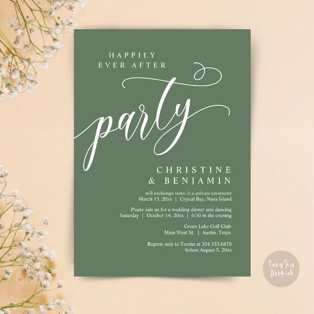 Happily Ever After Party, Wedding Elopement Invitation (Happily Ever After Party, Modern Romance Wedding Elopement Invitation Card, PDF, Forest Sage Green)