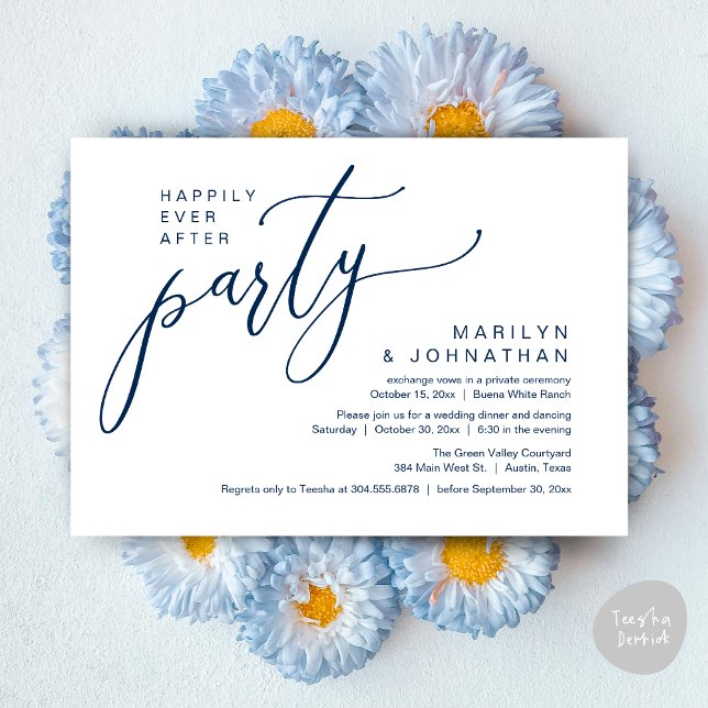 Happily Ever After Party Wedding Reception Dinner Invitation (Happily Ever After Party Modern Romantic Wedding Reception Dinner Invitation Card PDF Navy Blue)