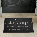 Happily Ever After Personalized Welcome Doormat<br><div class="desc">A great gift for newlyweds or new homeowners,  our personalize welcome doormat in chic and durable black features "welcome to our happily ever after" in a mix of modern handwritten calligraphy script and classic block lettering. Personalize with your names and year established.</div>