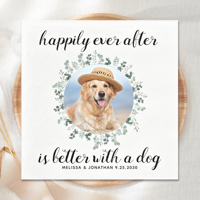 Happily Ever After Pet Photo Greenery Dog Wedding Napkin (Creator Uploaded)