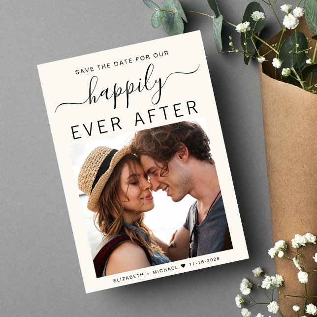 Happily Ever After Photo Cream Save The Date (A chic photo collage save the date announcement postcard for your wedding)