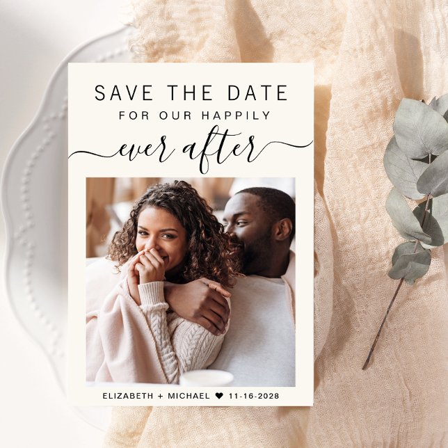 Happily Ever After Photo Cream Wedding Save The Date (A chic photo save the date announcement card for your wedding)