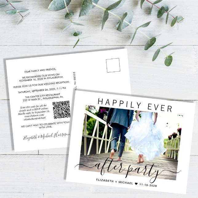 Happily Ever After Photo QR Code Wedding Reception Announcement Postcard (Our user-friendly template will generate your QR code automatically from your website address)