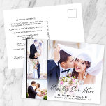 Happily Ever After Photo Wedding Reception Invitation Postcard<br><div class="desc">Elegant elopement or private wedding announcement and reception invitation postcard featuring your wedding day photo overlayed with a strip of three smaller square photos and "Happily Ever After" in a stylish modern script. Add your first names, wedding date and location. On the reverse side, personalize your marriage announcement and reception...</div>