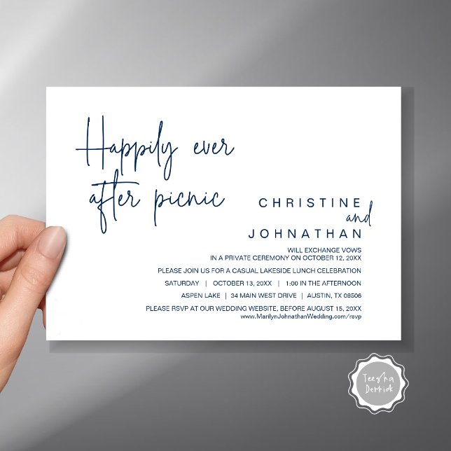 Happily Ever After Picnic, Wedding Elopement Invitation (Happily Ever After Picnic, Wedding Celebration Invitation Card, PDF, in Navy Blue)
