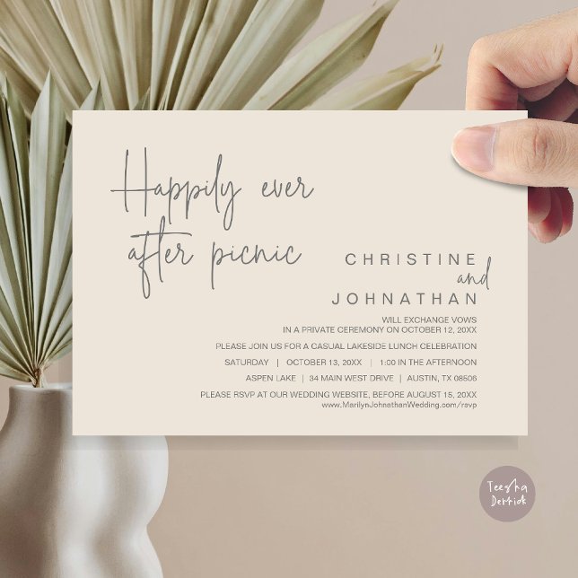 Happily Ever After Picnic, Wedding Elopement Invitation (Happily Ever After Picnic, Wedding Celebration Invitation Card, PDF, in Cream Grey)