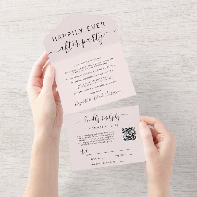 Happily Ever After QR Code Wedding Reception Pink All In One Invitation (Tearaway)