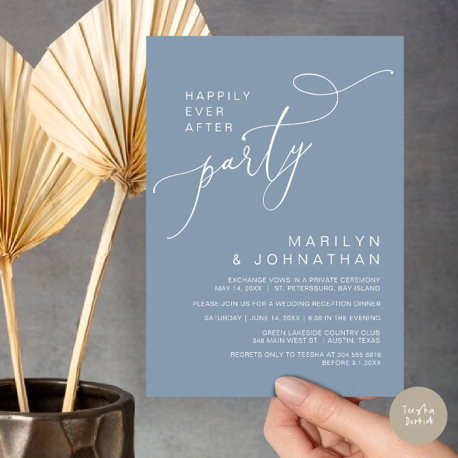 Happily Ever After Reception Dinner and Dancing Invitation (Happily Ever After Reception Dinner and Dancing Cash Bar, Adult only Invitation Card PDF Dusty Blue)