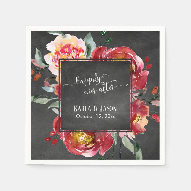 Happily Ever After Red Flower Bouquet Chalkboard Napkin (Front)