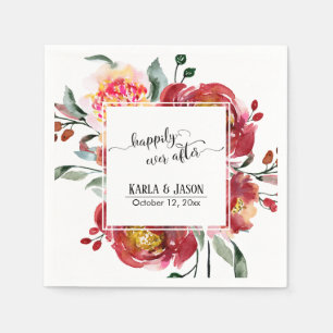Happily Ever After, Red Watercolor Flower Bouquet Napkin