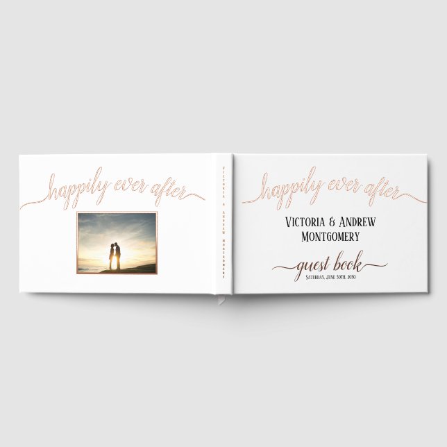 Happily Ever After Rose Gold Script Photo Wedding Guest Book (Full)