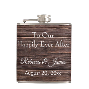 Happily Ever After Rustic Brown Wedding Monogram  Hip Flask