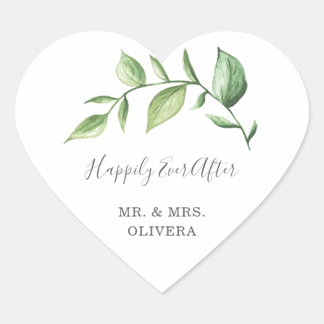 Happily Ever After Rustic Greenery Wedding Favour Heart Sticker (Front)