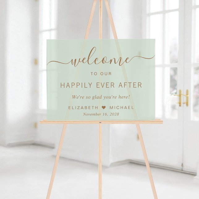 Happily Ever After Sage Green Wedding Welcome Acrylic Sign (Creator Uploaded)