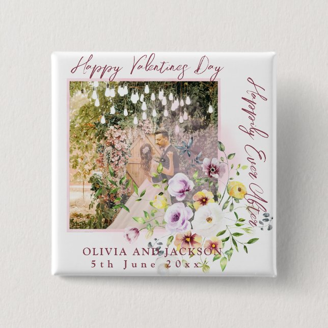 Happily Ever After Script Personalize Couple photo 2 Inch Square Button (Front)