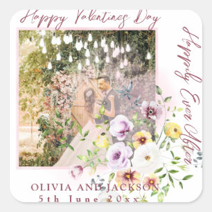 Happily Ever After Script Personalize Couple photo Square Sticker