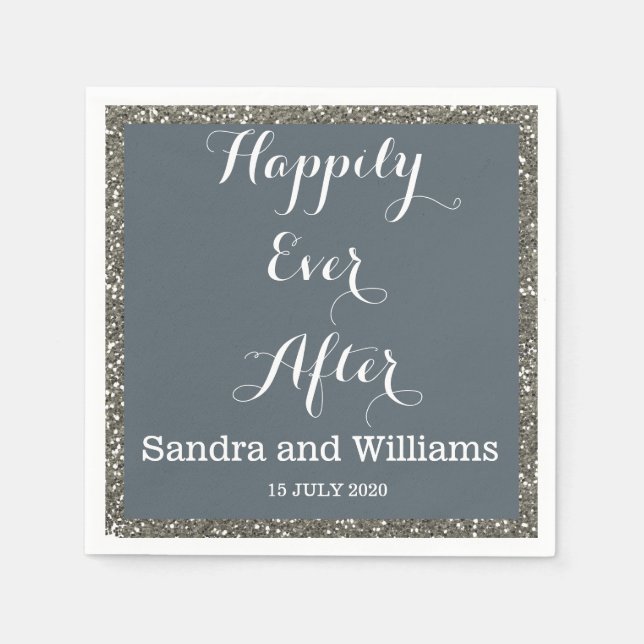 'Happily Ever After'-Silver Glitter Personalized Napkin (Front)