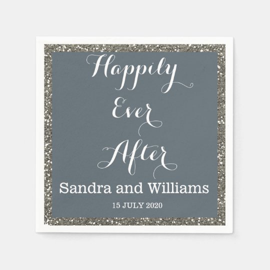 'Happily Ever After'-Silver Glitter Personalized Paper Napkins