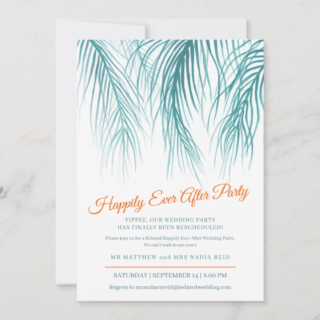 Happily Ever After teal palm after Wedding Party Save The Date (Front)
