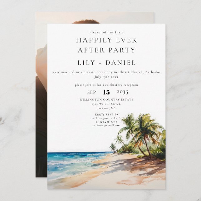 Happily Ever After Tropical Beach Photo Wedding Invitation (Front/Back)