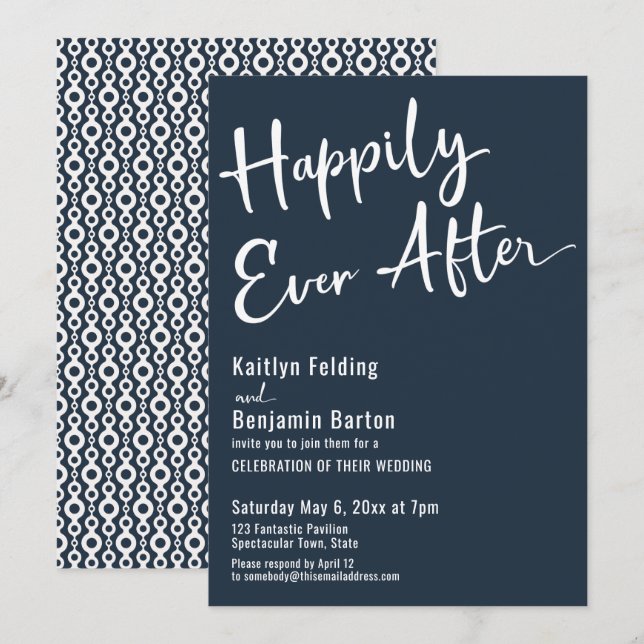 Happily Ever After Typography Bold White on Navy Invitation (Front/Back)