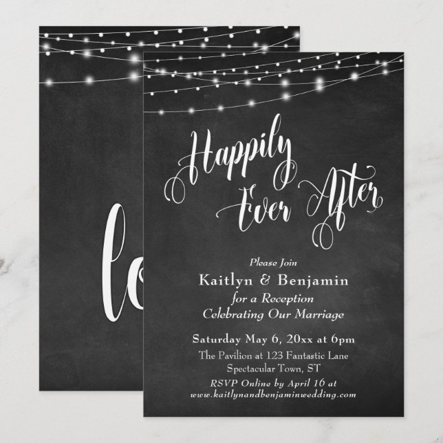 Happily Ever After Typography Chalkboard Lights Invitation (Front/Back)