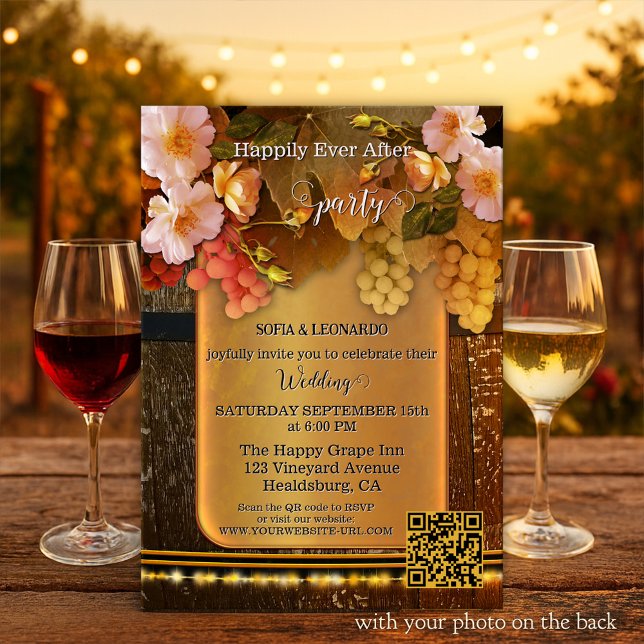 Happily Ever After Vineyard Wedding Invitation (Happily ever after wedding invitation featuring grapes, flowers and string lights on a wine barrel)