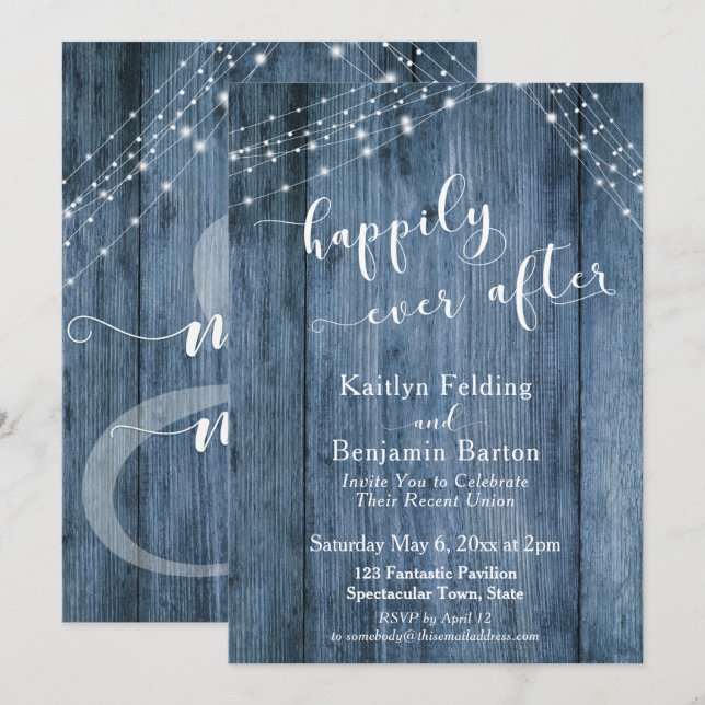 Happily Ever After w/ Rustic Blue Wood & Lights Invitation (Front/Back)