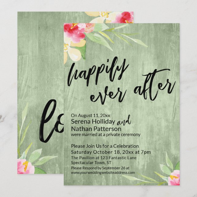 Happily Ever After Watercolor Flowers Green Wood Invitation (Front/Back)