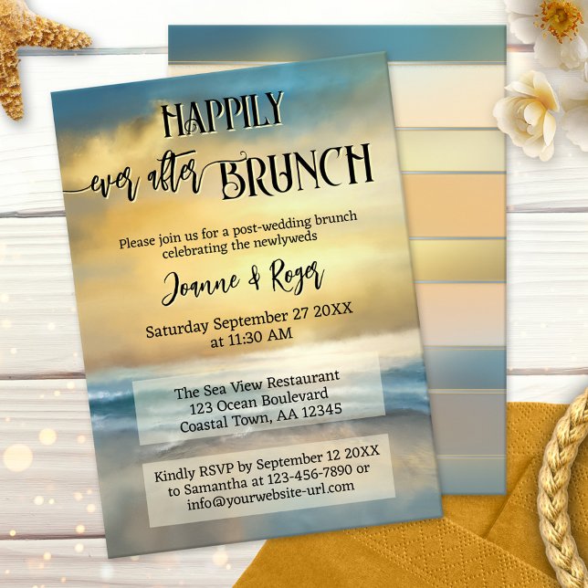 Happily Ever After Wedding Beach Brunch Invitation (After wedding brunch invitation showing an original fine art painting of a sunset at a stormy beach)