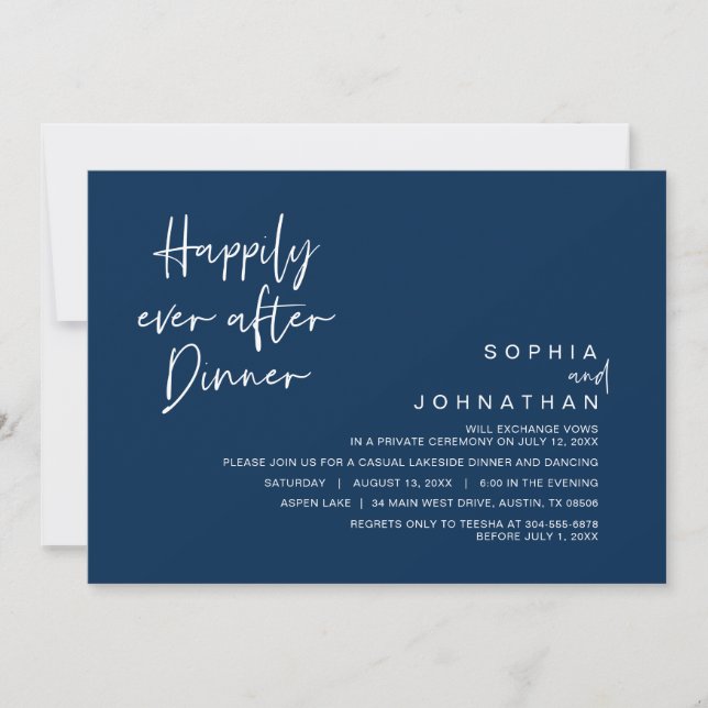 Happily Ever After Wedding Dinner, Navy Blue Invitation (Front)
