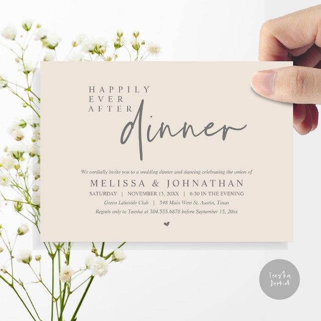 Happily Ever After Wedding Dinner Party Dancing Invitation (Happily Ever After Party, Modern Wedding Dinner Dancing Party Invitation Card, PDF, Cream Dark Grey)