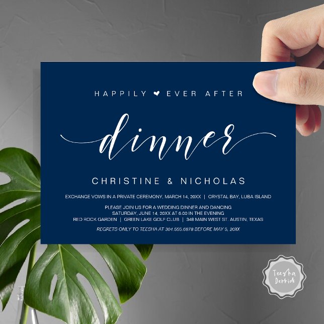 Happily ever After, Wedding Elopement Dinner Invit Invitation (Happily Ever After Dinner Invitation Card, PDF, Modern Wedding Elopement, Heart, Navy Blue)