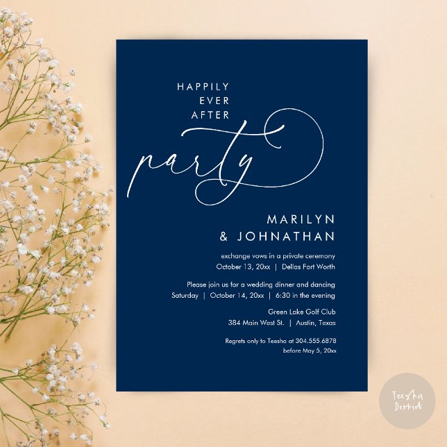 Happily Ever After Wedding Elopement Dinner Party Invitation (Happily Ever After Party, Modern Minimalist Wedding Dinner Invitation Card, PDF, Navy Blue)