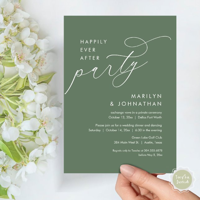 Happily Ever After Wedding Elopement Dinner Party Invitation (Happily Ever After Party, Modern Minimalist Wedding Dinner Invitation Card, PDF, Forest Sage Green)