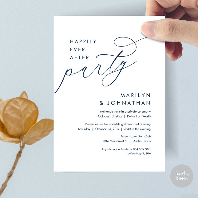 Happily Ever After Wedding Elopement Dinner Party Invitation (Happily Ever After Party, Modern Minimalist Wedding Dinner Invitation Card, PDF, Navy Blue)