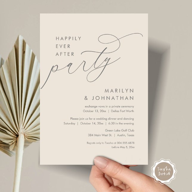 Happily Ever After Wedding Elopement Dinner Party Invitation (Happily Ever After Party, Modern Minimalist Wedding Dinner Invitation Card, PDF, Dark Grey Cream)