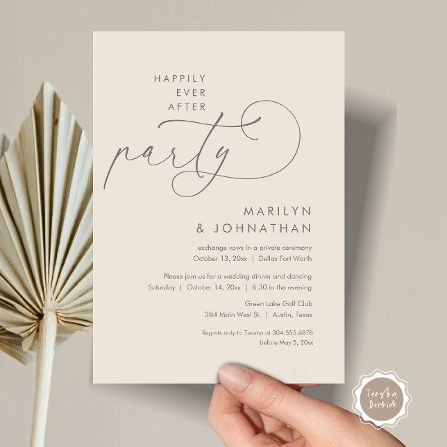 Happily Ever After Wedding Elopement Dinner Party Invitation (Happily Ever After Party, Modern Minimalist Wedding Dinner Invitation Card, PDF, Dark Grey Cream)