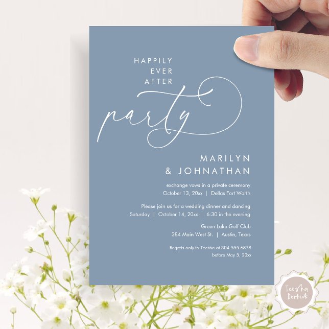 Happily Ever After Wedding Elopement Dinner Party Invitation (Happily Ever After Party, Modern Minimalist Wedding Dinner Invitation Card, PDF, Dusty Blue)