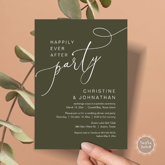 Happily Ever After Wedding Elopement Party Invitat Invitation (Happily Ever After Party, Wedding Elopement Brunch, Dinner or Lunch Invitation Card in Olive Green)