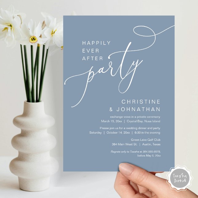 Happily Ever After Wedding Elopement Party Invitat Invitation (Happily Ever After Party, Wedding Elopement Brunch, Dinner or Lunch Invitation Card in Dusty Blue)