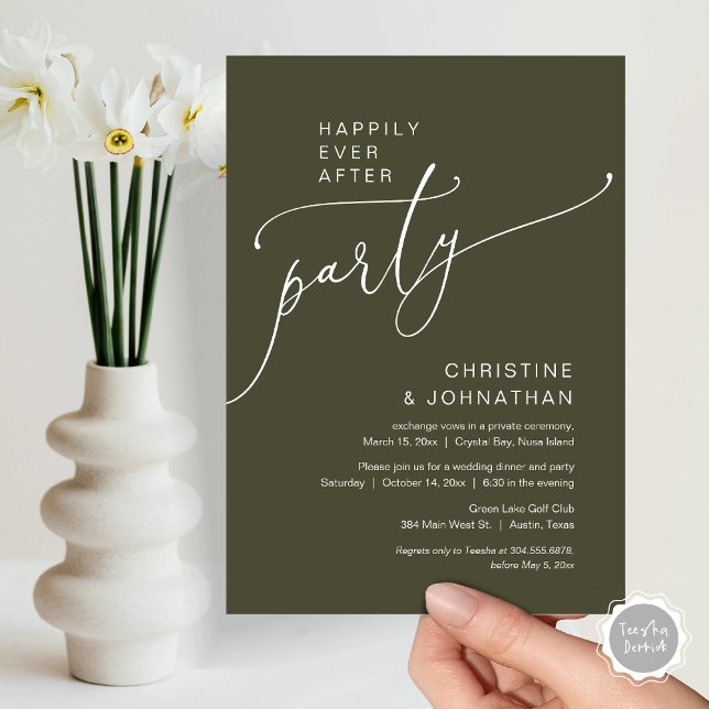 Happily Ever After Wedding Elopement Party Invitation (Happily Ever After Party, Modern Romantic Wedding Elopement Invitation Card, in Olive Sage Green)