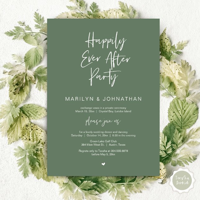 Happily Ever After, Wedding Elopement Party Invitation (Happily Ever After, Wedding Elopement Modern Summer Party Invitation Card, PDF, in Forest Sage Green)