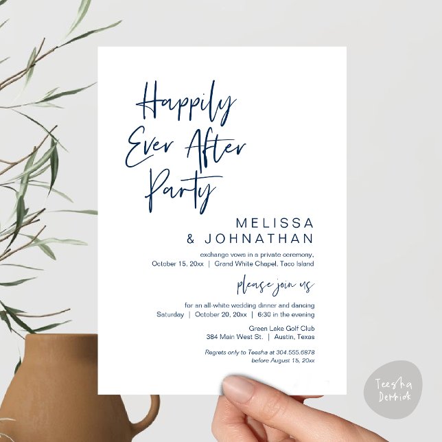 Happily Ever After, Wedding Elopement Party Invitation (Happily Ever After Party Invitation Card, PDF, Wedding Elopement Dinner Brunch Lunch, Navy Blue)
