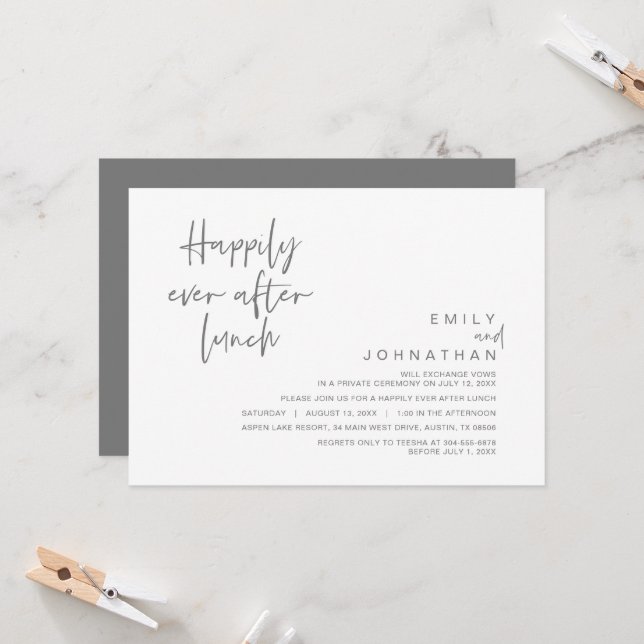 Happily Ever After Wedding Lunch, Dark Grey Invitation (Front/Back In Situ)